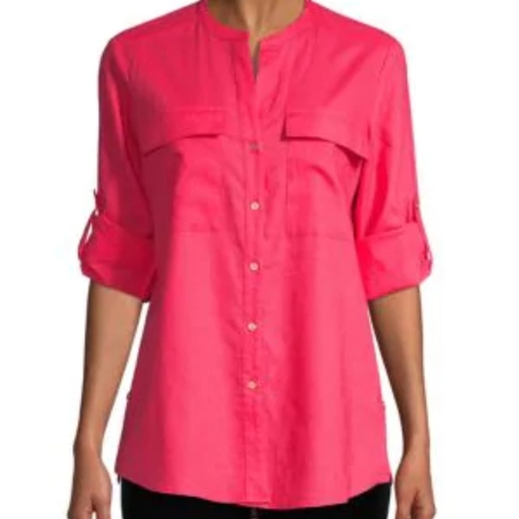 CALVIN KLEIN LINEN BLEND ROLL TAB BLOUSE WATERMELON COLOR SIZE MEDIUM - Picture 1 of 9